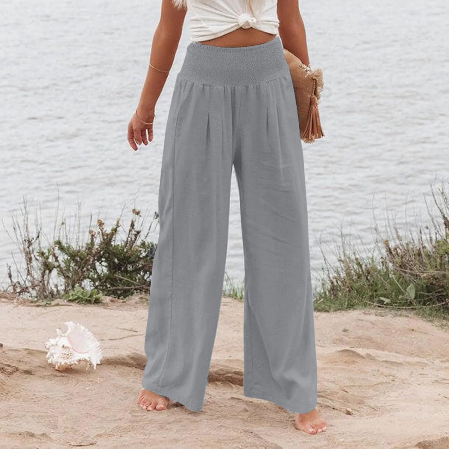 Wide Leg Linen Pants Women Casual Pleated Elastic Waist Beach Pants Summer Baggy Palazzo Pants with Pockets