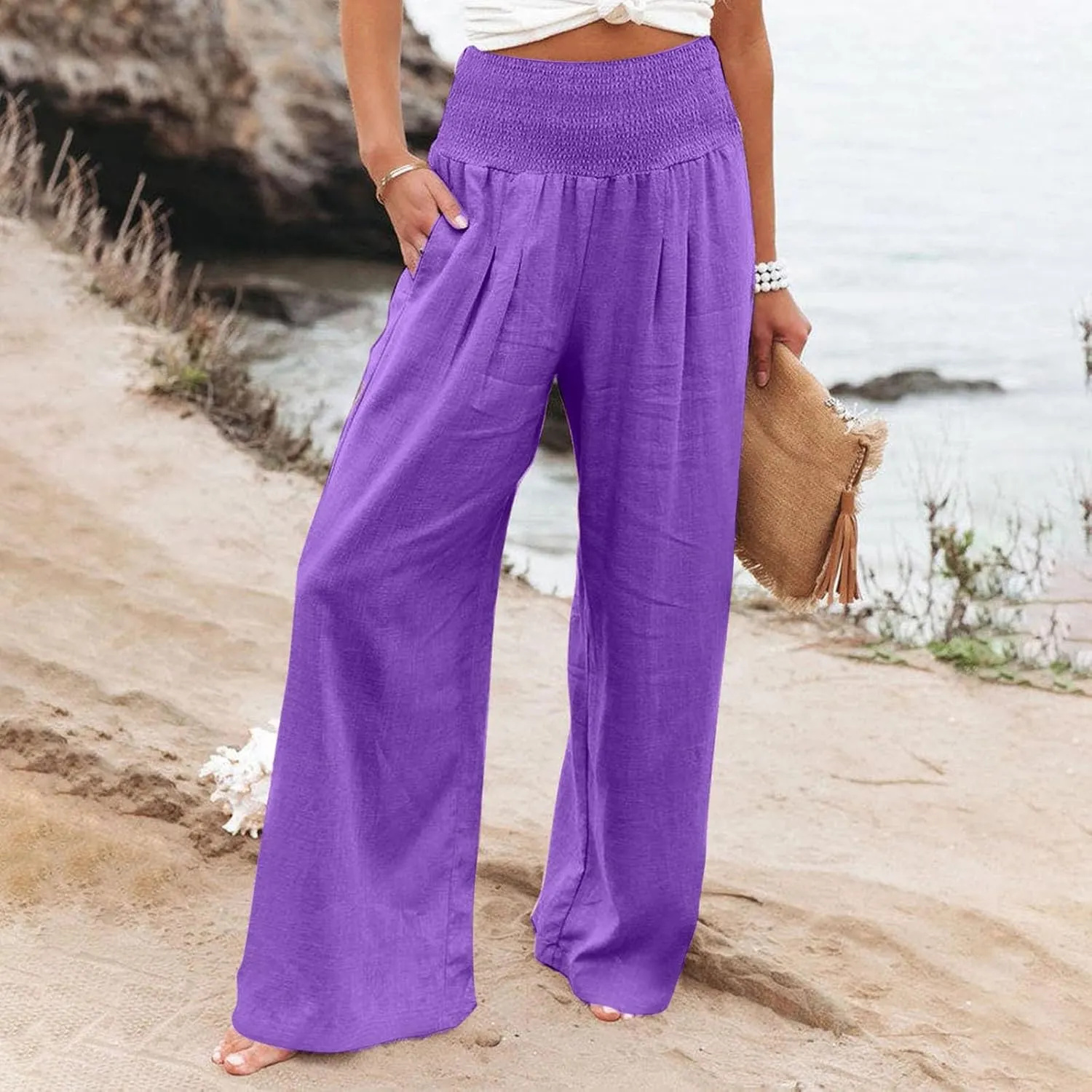 Wide Leg Linen Pants Women Casual Pleated Elastic Waist Beach Pants Summer Baggy Palazzo Pants with Pockets