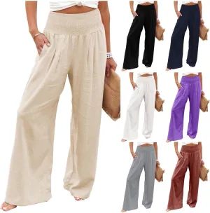 Wide Leg Linen Pants Women Casual Pleated Elastic Waist Beach Pants Summer Baggy Palazzo Pants with Pockets
