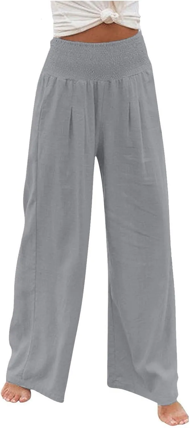 Wide Leg Linen Pants Women Casual Pleated Elastic Waist Beach Pants Summer Baggy Palazzo Pants with Pockets