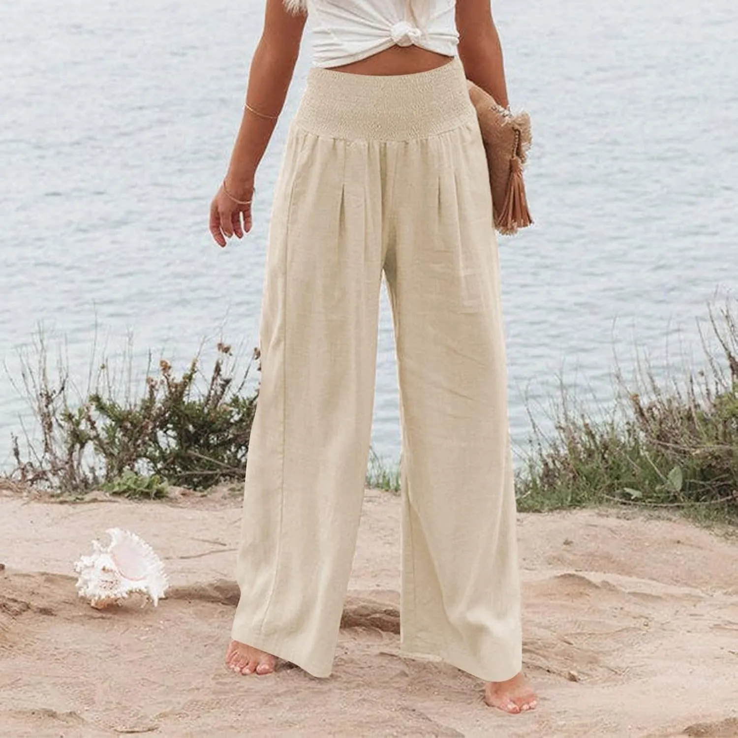 Wide Leg Linen Pants Women Casual Pleated Elastic Waist Beach Pants Summer Baggy Palazzo Pants with Pockets