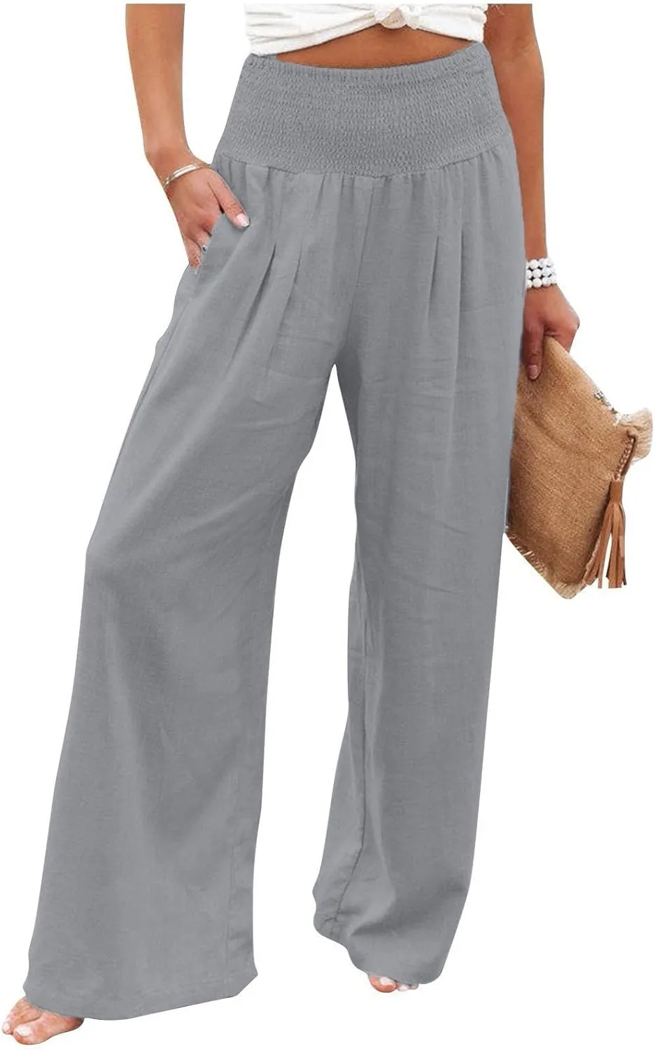 Wide Leg Linen Pants Women Casual Pleated Elastic Waist Beach Pants Summer Baggy Palazzo Pants with Pockets