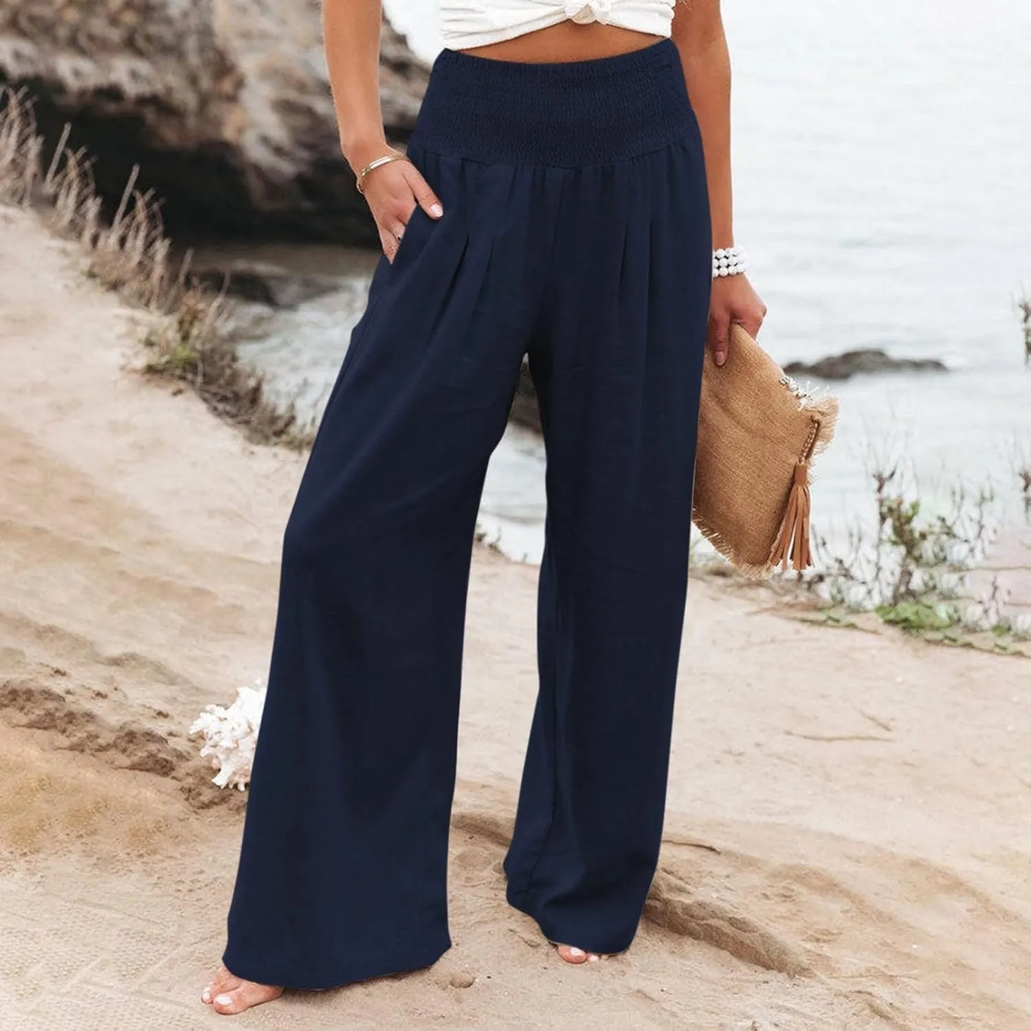 Wide Leg Linen Pants Women Casual Pleated Elastic Waist Beach Pants Summer Baggy Palazzo Pants with Pockets