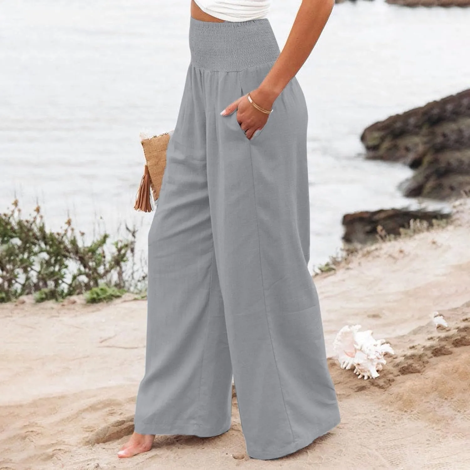 Wide Leg Linen Pants Women Casual Pleated Elastic Waist Beach Pants Summer Baggy Palazzo Pants with Pockets