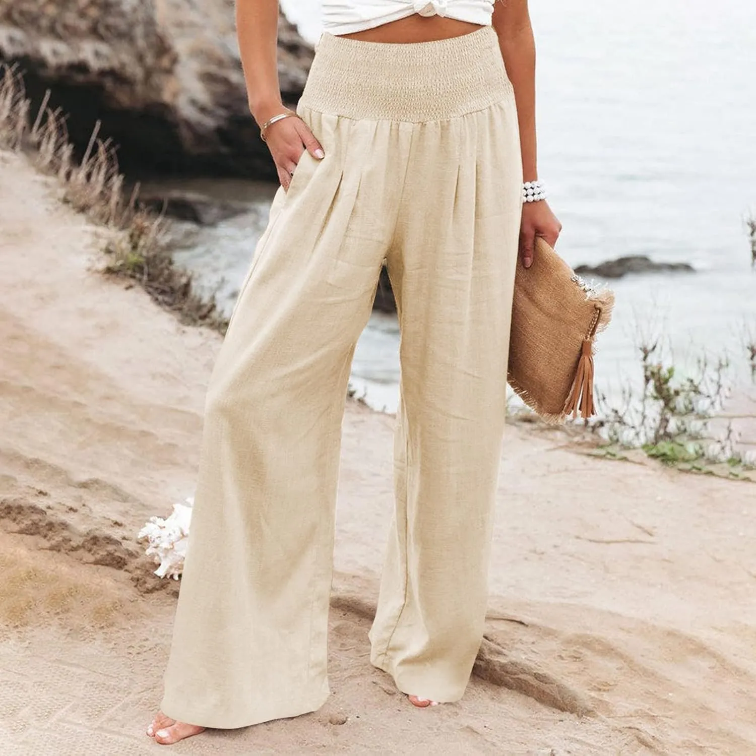 Wide Leg Linen Pants Women Casual Pleated Elastic Waist Beach Pants Summer Baggy Palazzo Pants with Pockets