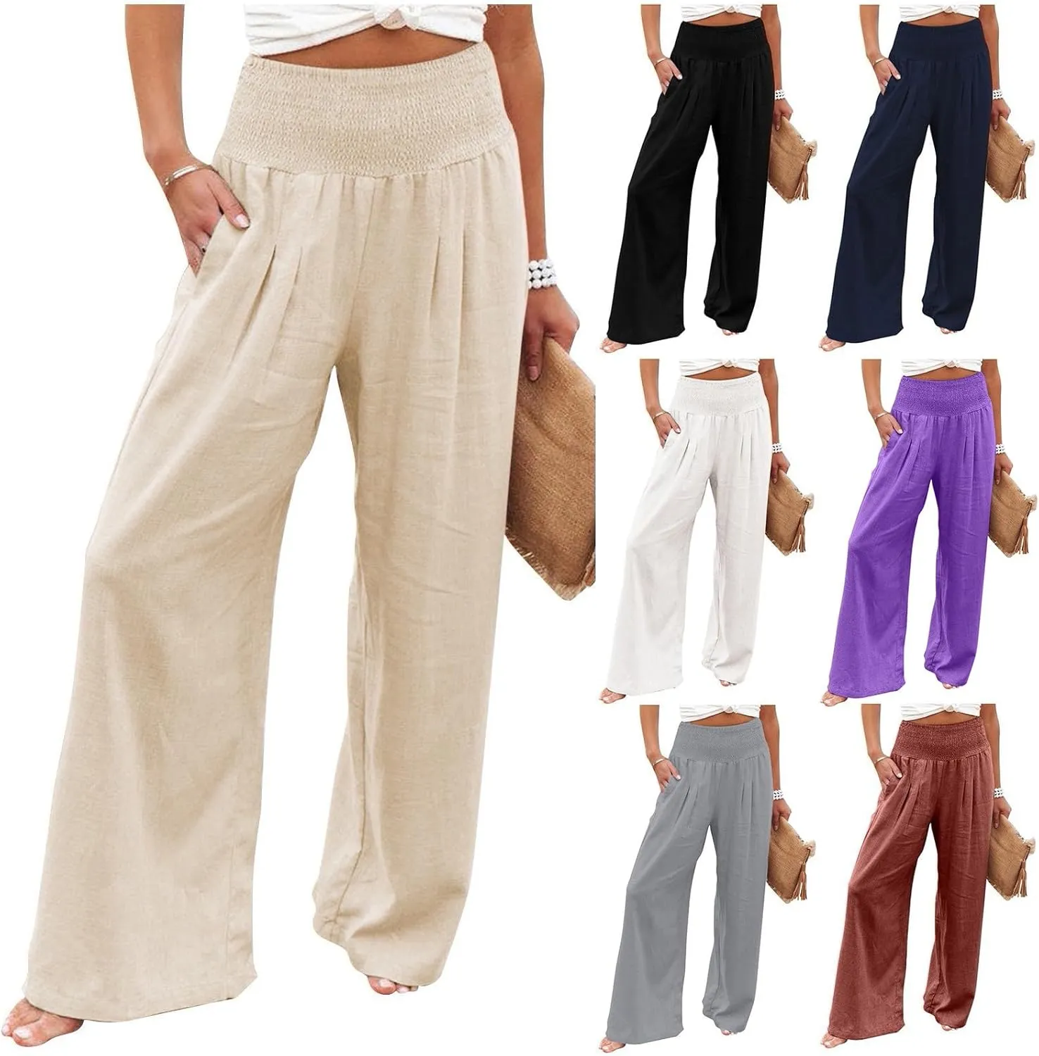 Wide Leg Linen Pants Women Casual Pleated Elastic Waist Beach Pants Summer Baggy Palazzo Pants with Pockets