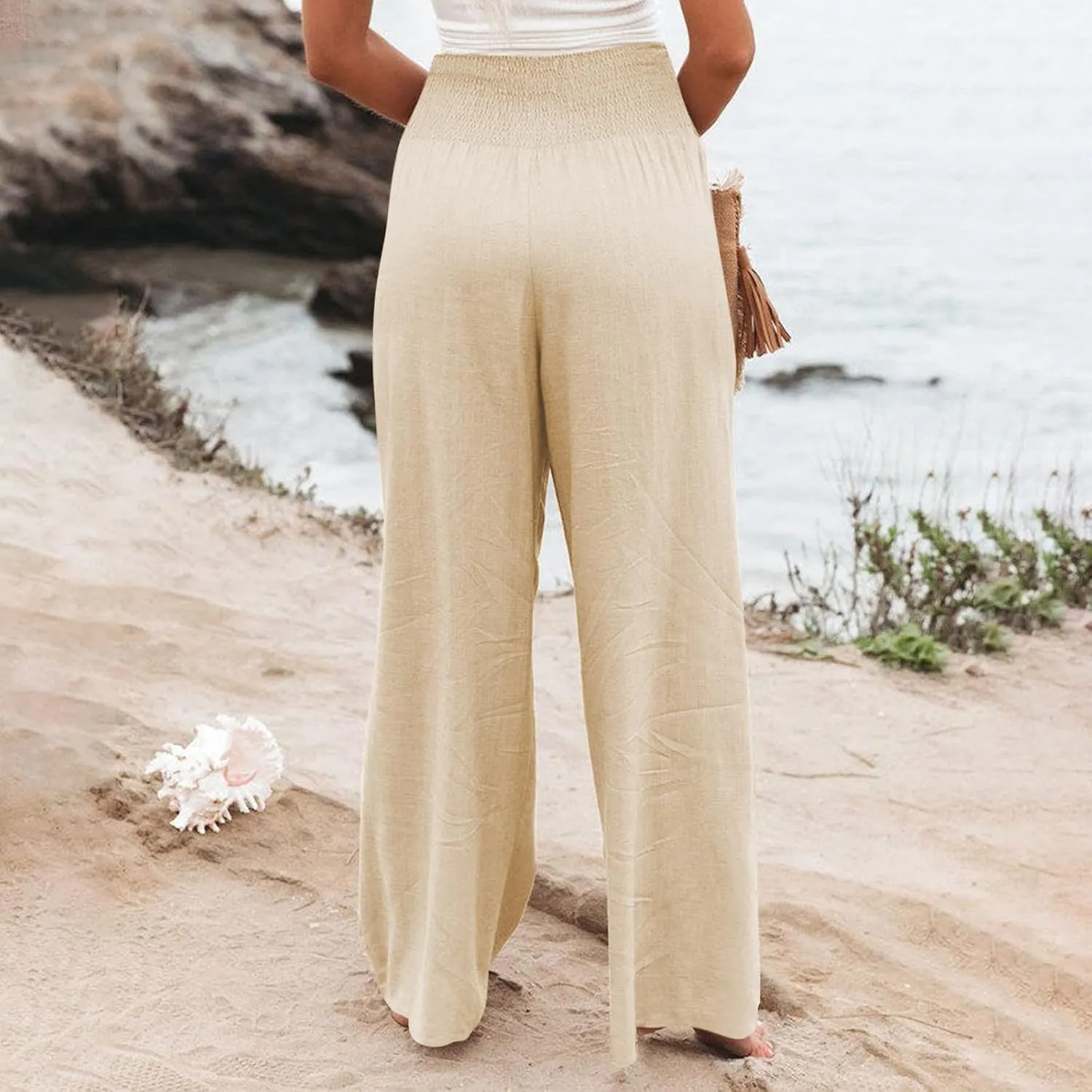Wide Leg Linen Pants Women Casual Pleated Elastic Waist Beach Pants Summer Baggy Palazzo Pants with Pockets