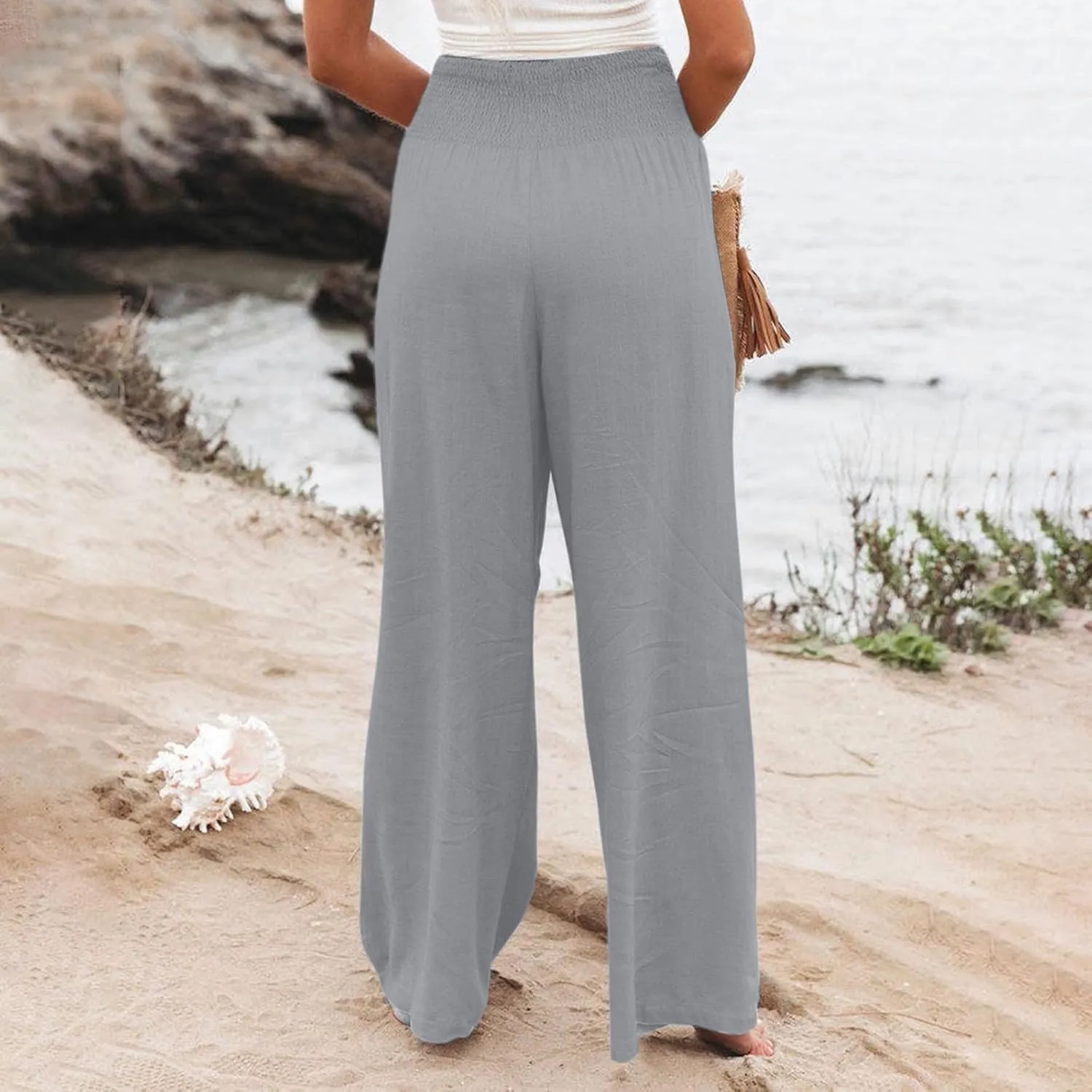 Wide Leg Linen Pants Women Casual Pleated Elastic Waist Beach Pants Summer Baggy Palazzo Pants with Pockets
