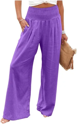 Wide Leg Linen Pants Women Casual Pleated Elastic Waist Beach Pants Summer Baggy Palazzo Pants with Pockets