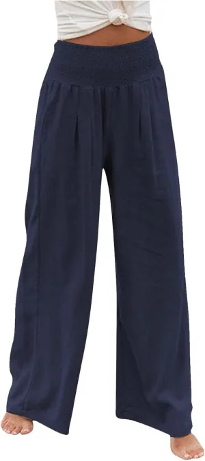 Wide Leg Linen Pants Women Casual Pleated Elastic Waist Beach Pants Summer Baggy Palazzo Pants with Pockets