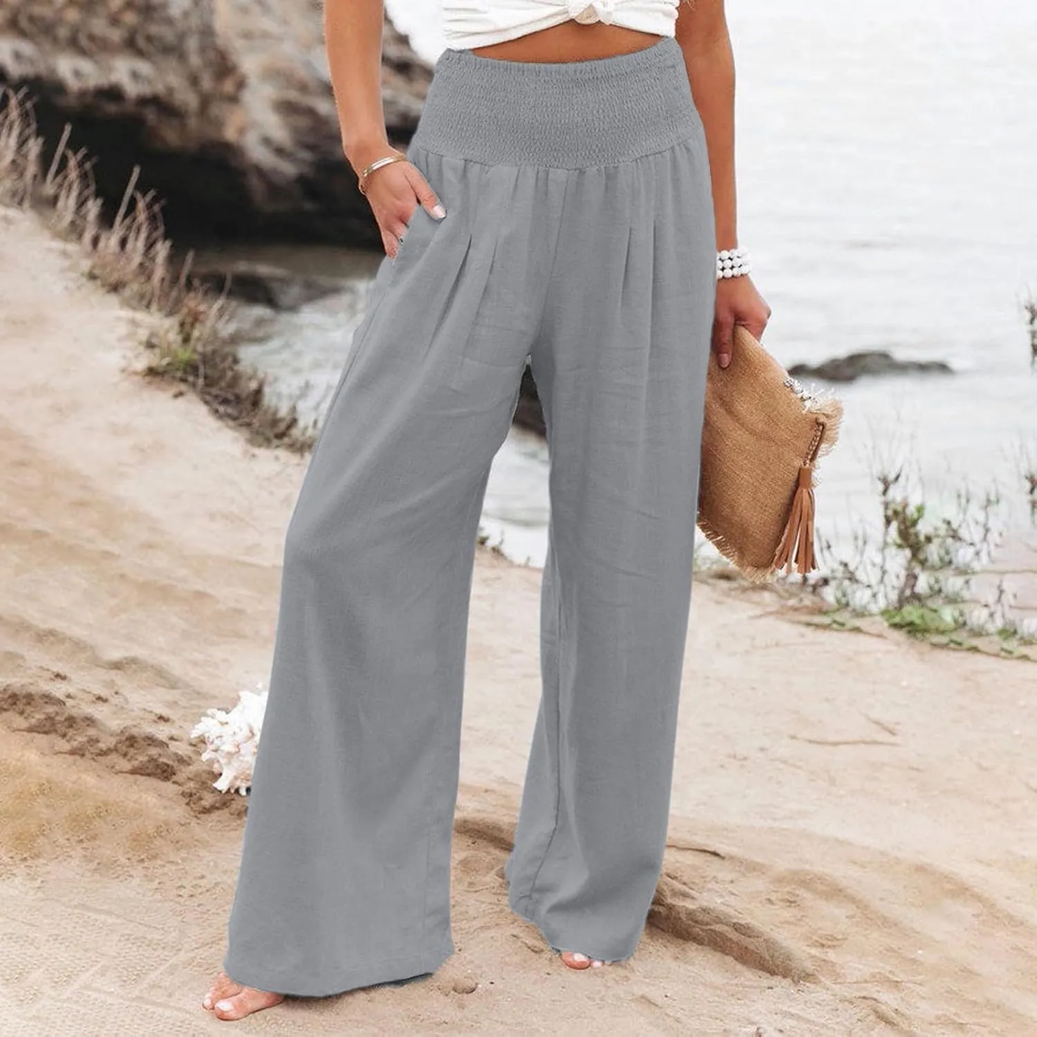 Wide Leg Linen Pants Women Casual Pleated Elastic Waist Beach Pants Summer Baggy Palazzo Pants with Pockets