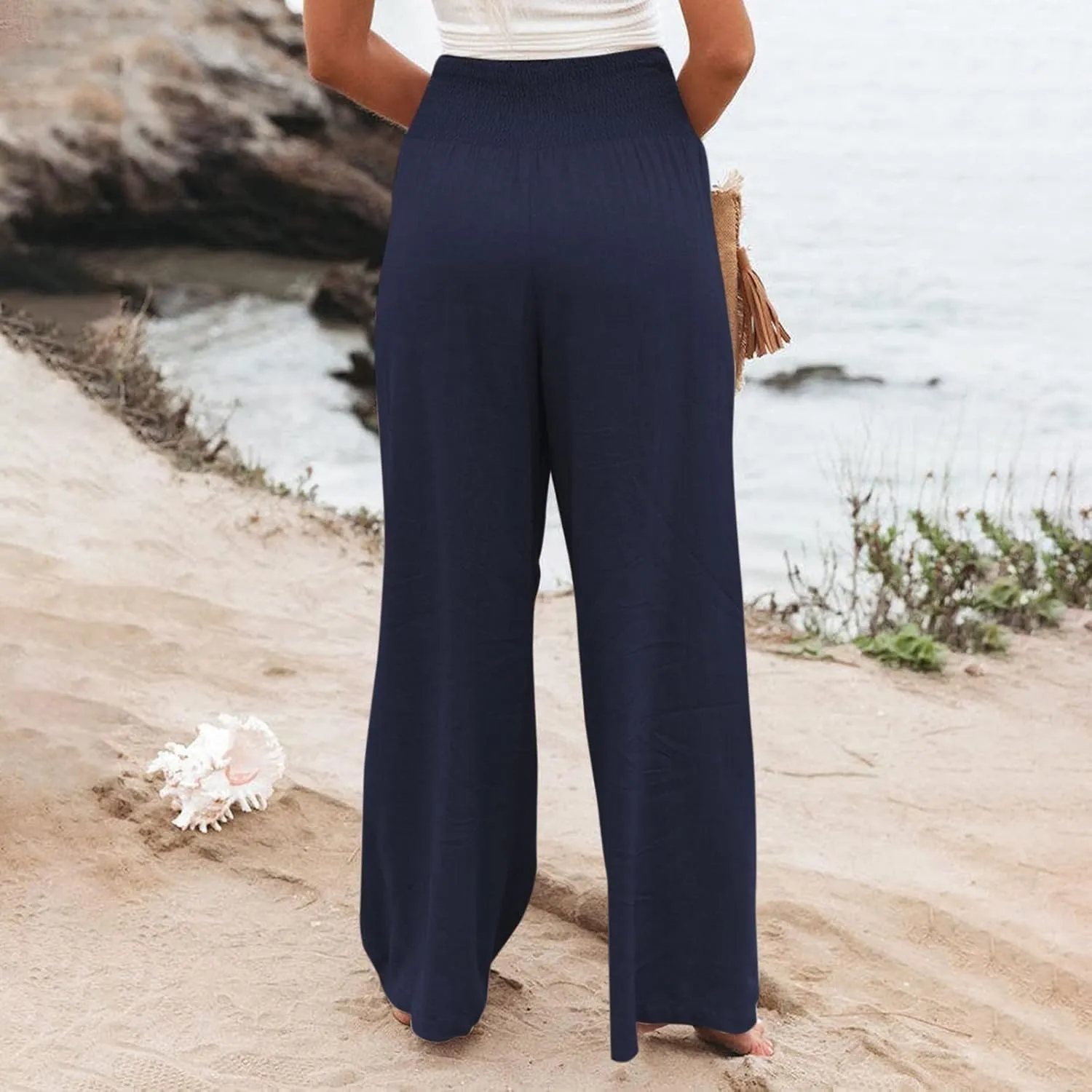 Wide Leg Linen Pants Women Casual Pleated Elastic Waist Beach Pants Summer Baggy Palazzo Pants with Pockets
