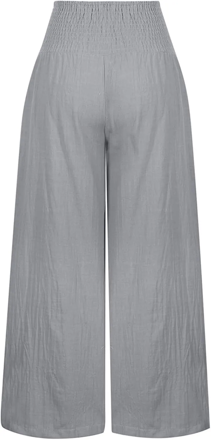 Wide Leg Linen Pants Women Casual Pleated Elastic Waist Beach Pants Summer Baggy Palazzo Pants with Pockets