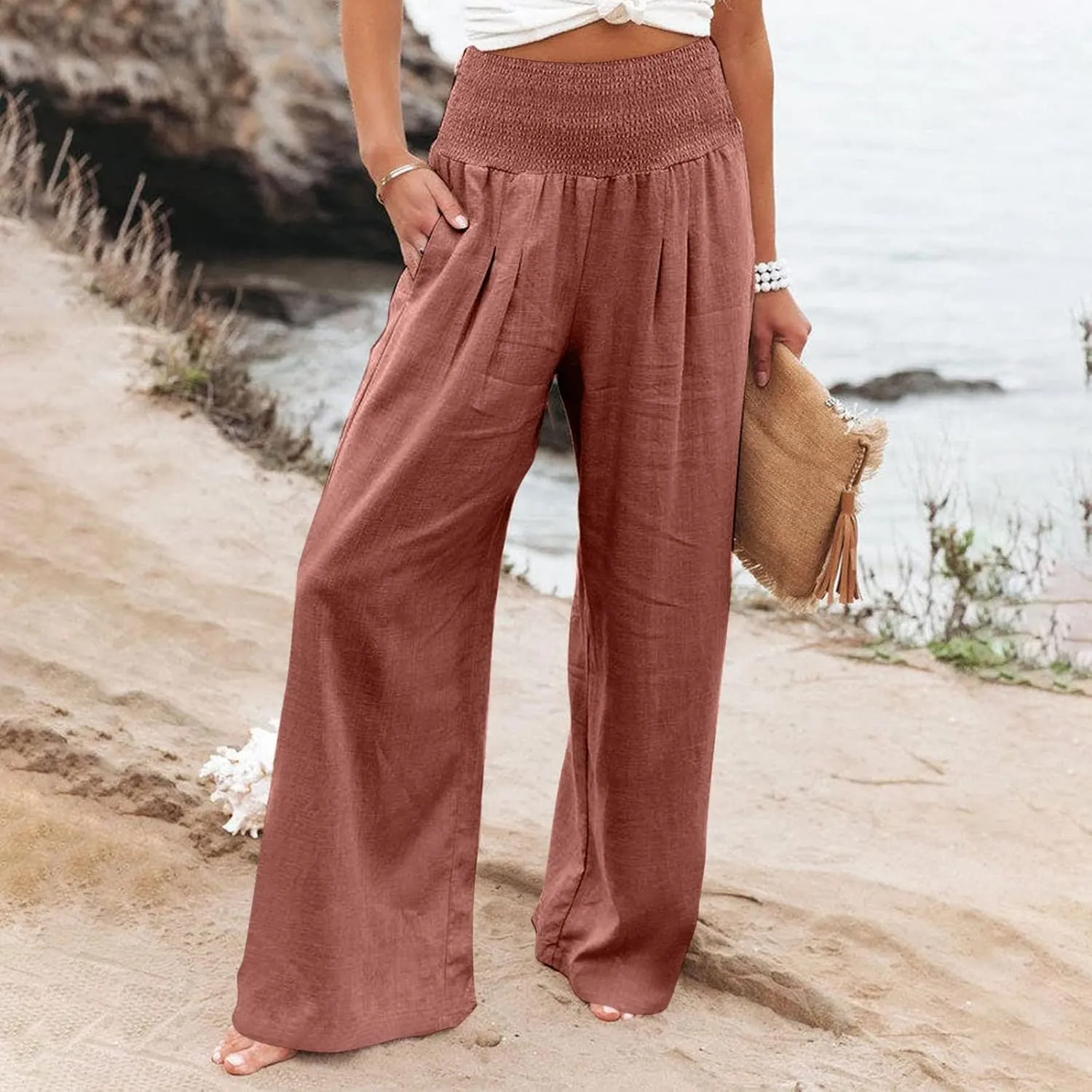 Wide Leg Linen Pants Women Casual Pleated Elastic Waist Beach Pants Summer Baggy Palazzo Pants with Pockets