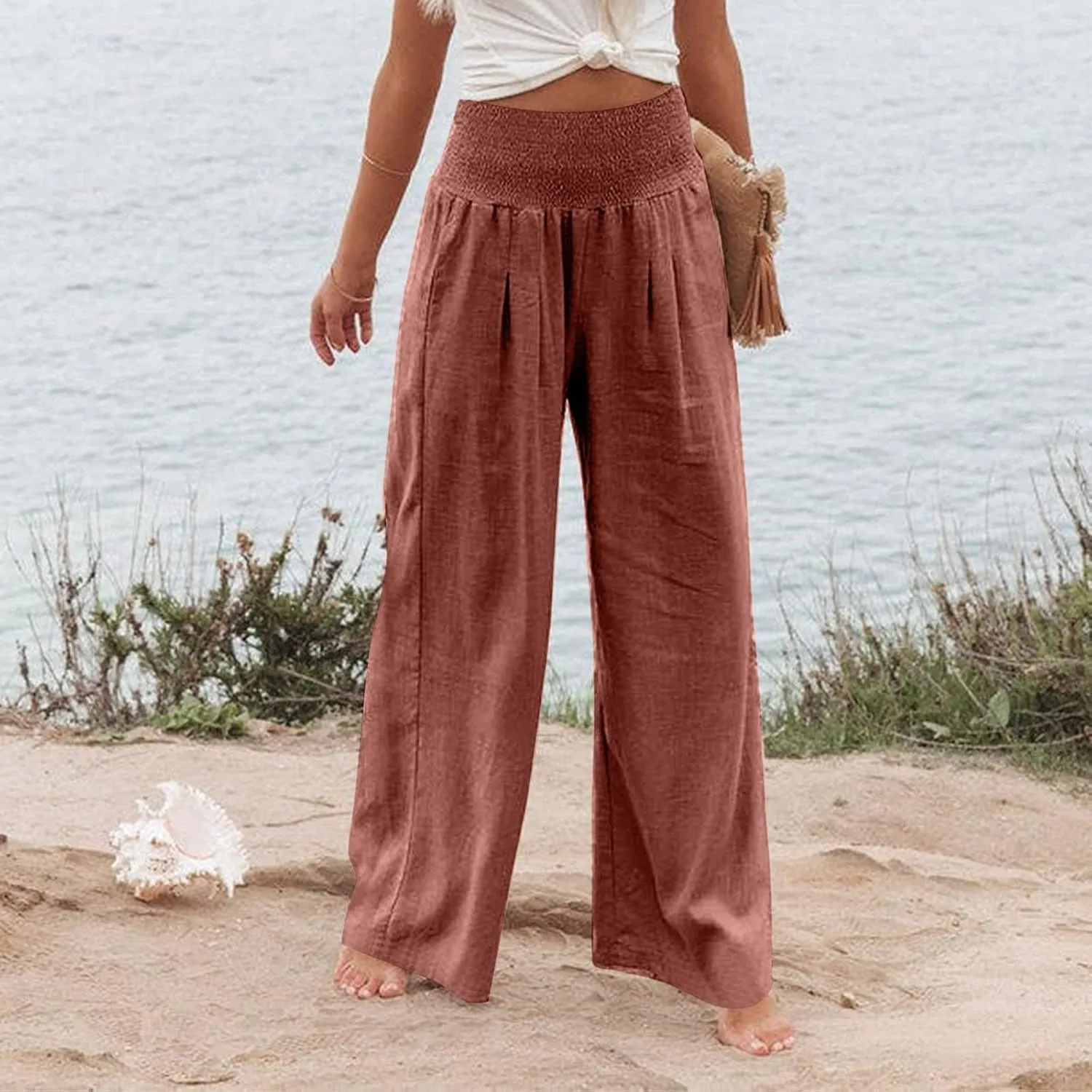 Wide Leg Linen Pants Women Casual Pleated Elastic Waist Beach Pants Summer Baggy Palazzo Pants with Pockets
