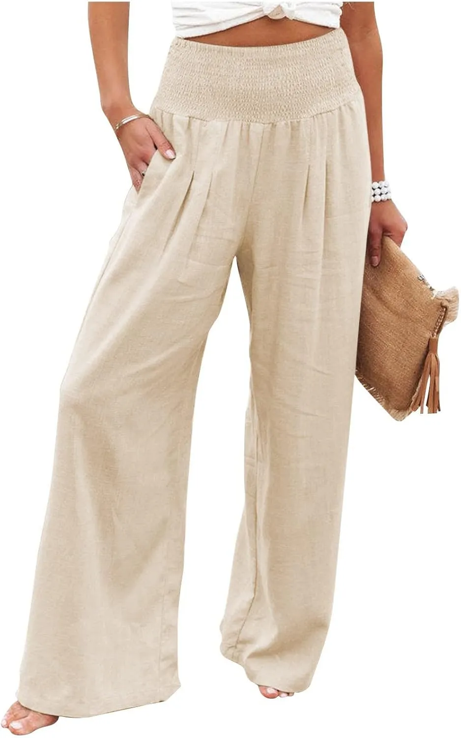Wide Leg Linen Pants Women Casual Pleated Elastic Waist Beach Pants Summer Baggy Palazzo Pants with Pockets