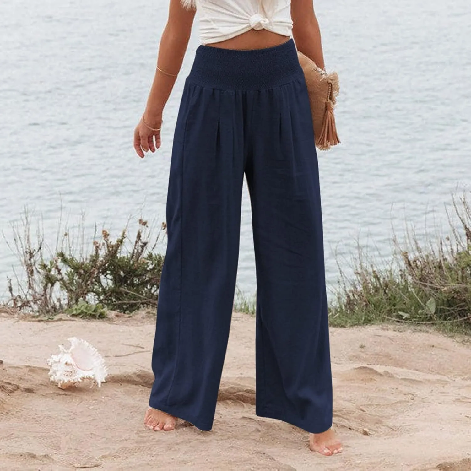 Wide Leg Linen Pants Women Casual Pleated Elastic Waist Beach Pants Summer Baggy Palazzo Pants with Pockets