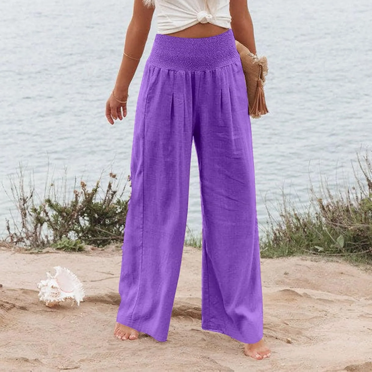 Wide Leg Linen Pants Women Casual Pleated Elastic Waist Beach Pants Summer Baggy Palazzo Pants with Pockets