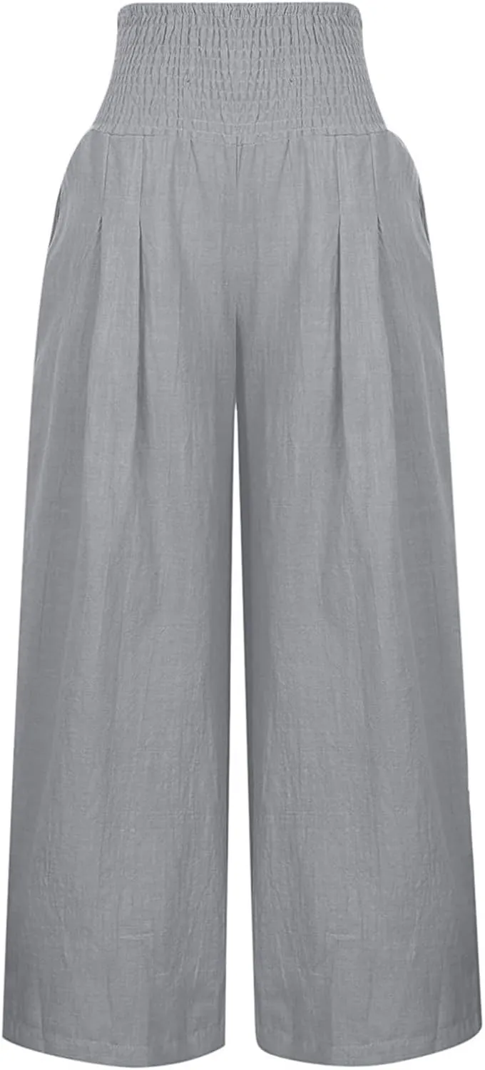 Wide Leg Linen Pants Women Casual Pleated Elastic Waist Beach Pants Summer Baggy Palazzo Pants with Pockets