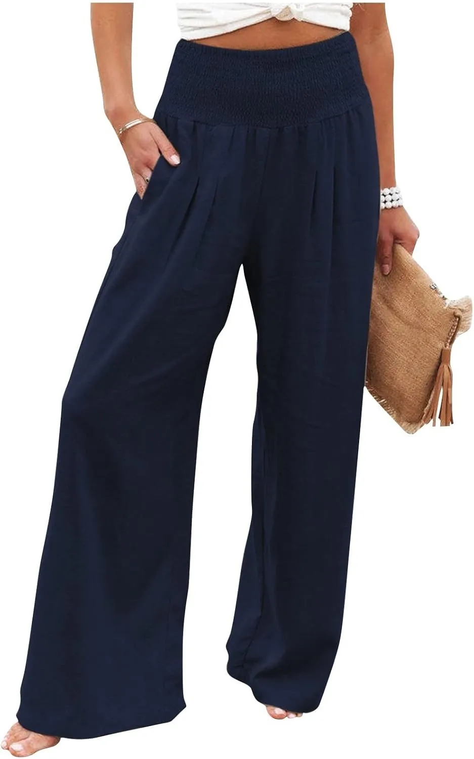 Wide Leg Linen Pants Women Casual Pleated Elastic Waist Beach Pants Summer Baggy Palazzo Pants with Pockets