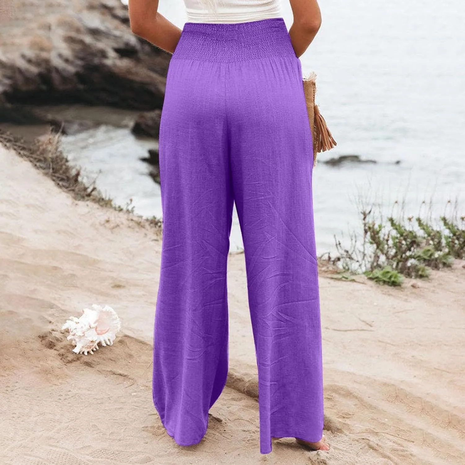 Wide Leg Linen Pants Women Casual Pleated Elastic Waist Beach Pants Summer Baggy Palazzo Pants with Pockets