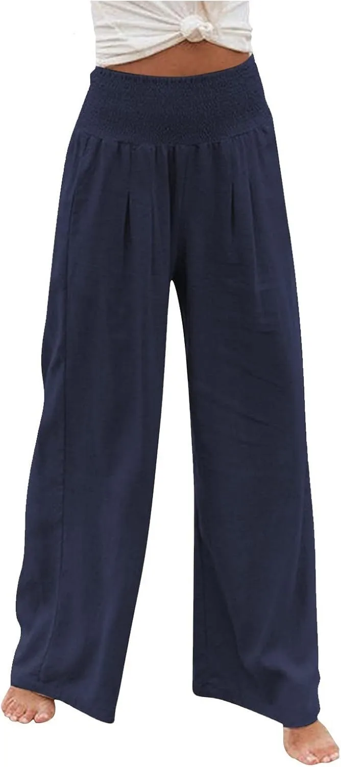Wide Leg Linen Pants Women Casual Pleated Elastic Waist Beach Pants Summer Baggy Palazzo Pants with Pockets