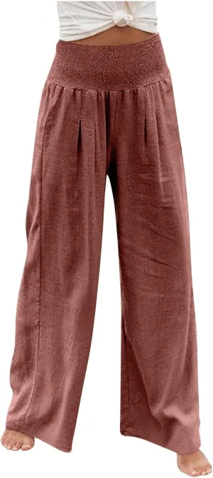 Wide Leg Linen Pants Women Casual Pleated Elastic Waist Beach Pants Summer Baggy Palazzo Pants with Pockets