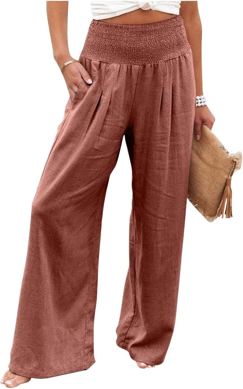 Wide Leg Linen Pants Women Casual Pleated Elastic Waist Beach Pants Summer Baggy Palazzo Pants with Pockets
