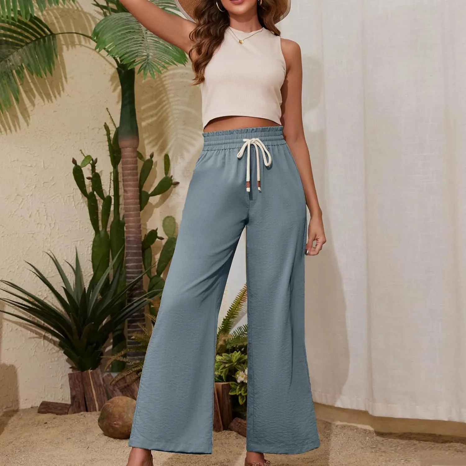 Wide Leg Pants for Women Casual Elastic Waist Beach Boho Trousers Summer Drawstring Straight Leg Pants