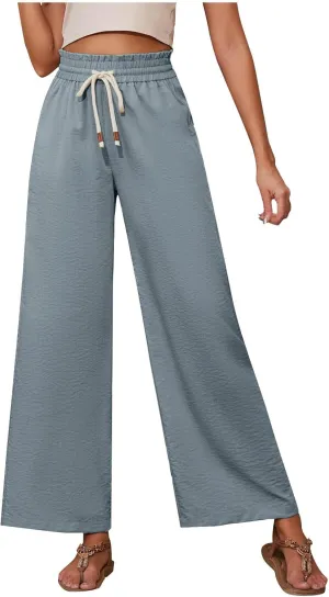 Wide Leg Pants for Women Casual Elastic Waist Beach Boho Trousers Summer Drawstring Straight Leg Pants