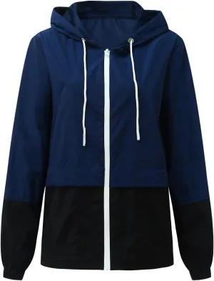 Windproof Jacket for Women Long Sleeve Raincoat Full Zip Up Hooded Plain Windbreaker with Pocket with Hood Zipper Drawstring