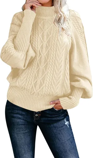 Women 2023 Fall Winter Sweater Mock Neck Balloon Sleeve Sweater Solid Lantern Sleeve Pullover Winter Chunky Sweater