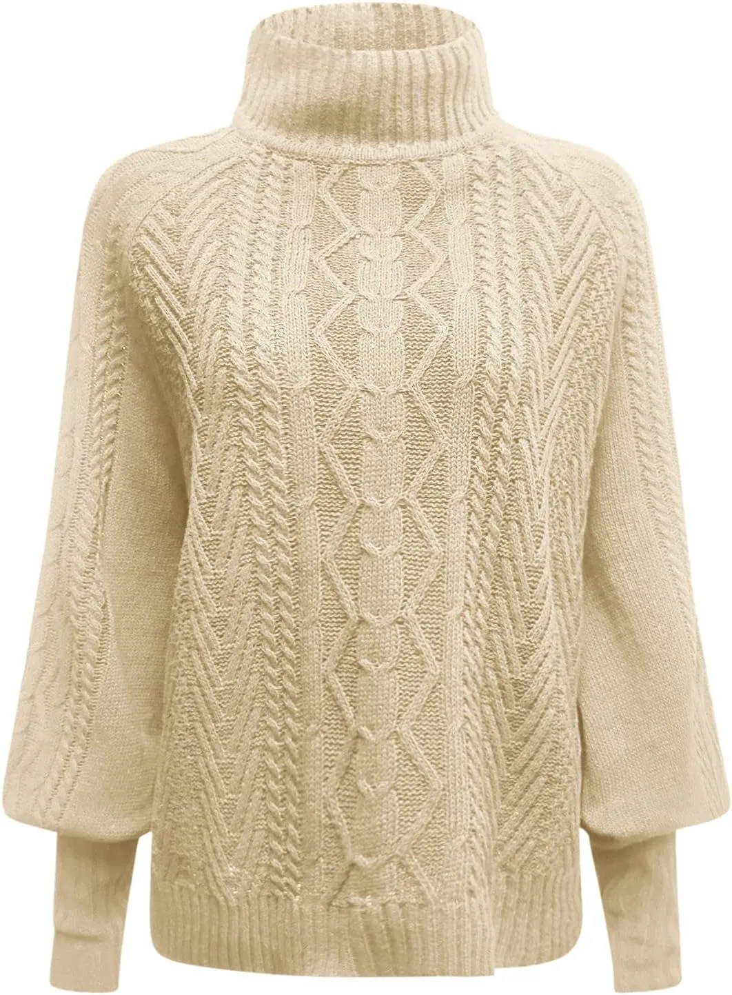Women 2023 Fall Winter Sweater Mock Neck Balloon Sleeve Sweater Solid Lantern Sleeve Pullover Winter Chunky Sweater