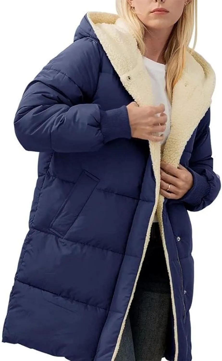 Women 2024 Winter Sherpa Lined Long Hooded Jackets Long Sleeve Button Down Shearling Fluffy Coats Trendy Outerwear