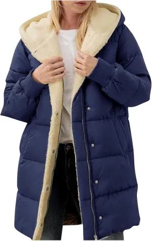 Women 2024 Winter Sherpa Lined Long Hooded Jackets Long Sleeve Button Down Shearling Fluffy Coats Trendy Outerwear