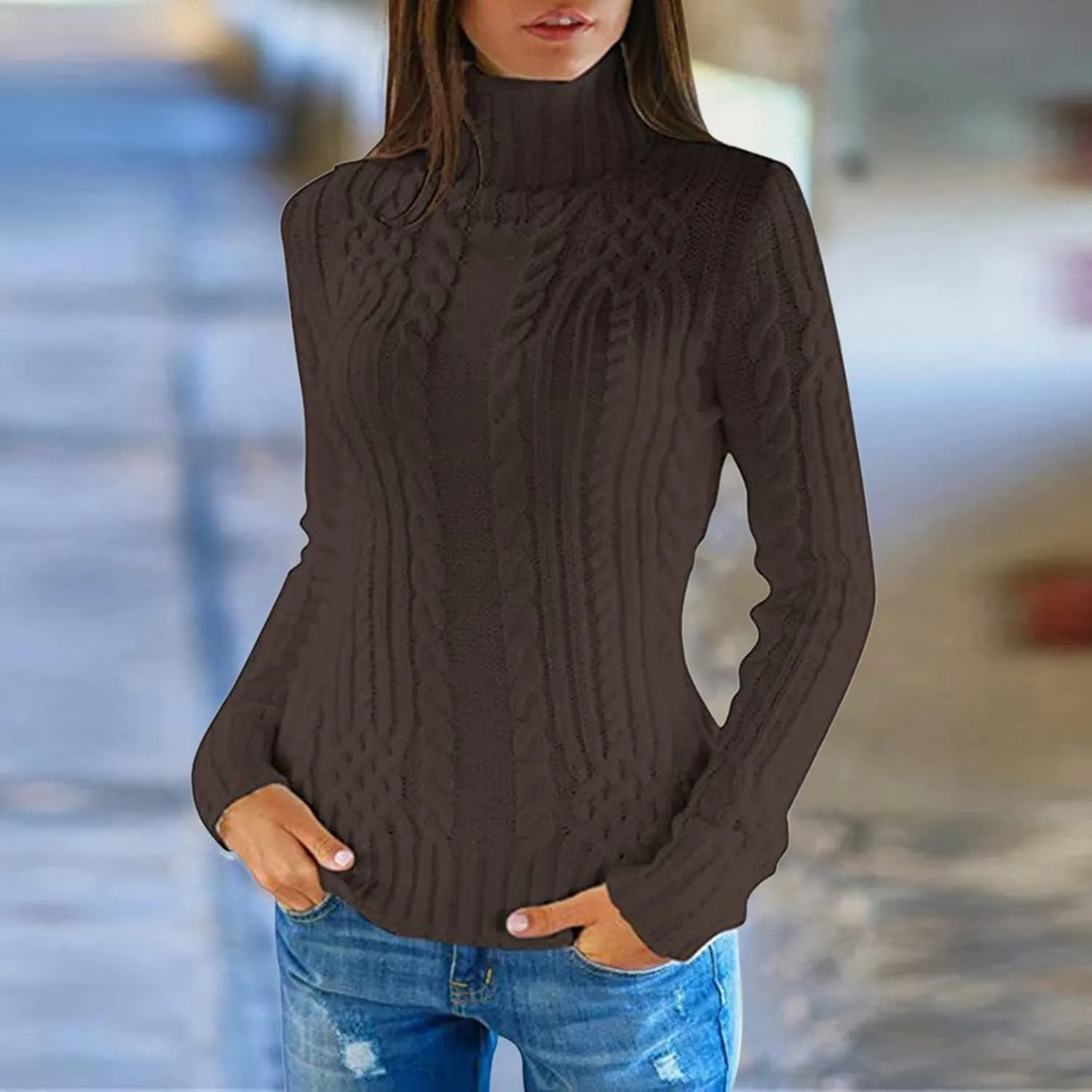Women Cable Knit Pullover Sweater Turtle Neck Solid Sweater Long Sleeve Slim Fit Pullover Fall Winter Chunky Sweater