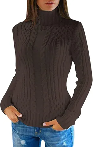 Women Cable Knit Pullover Sweater Turtle Neck Solid Sweater Long Sleeve Slim Fit Pullover Fall Winter Chunky Sweater