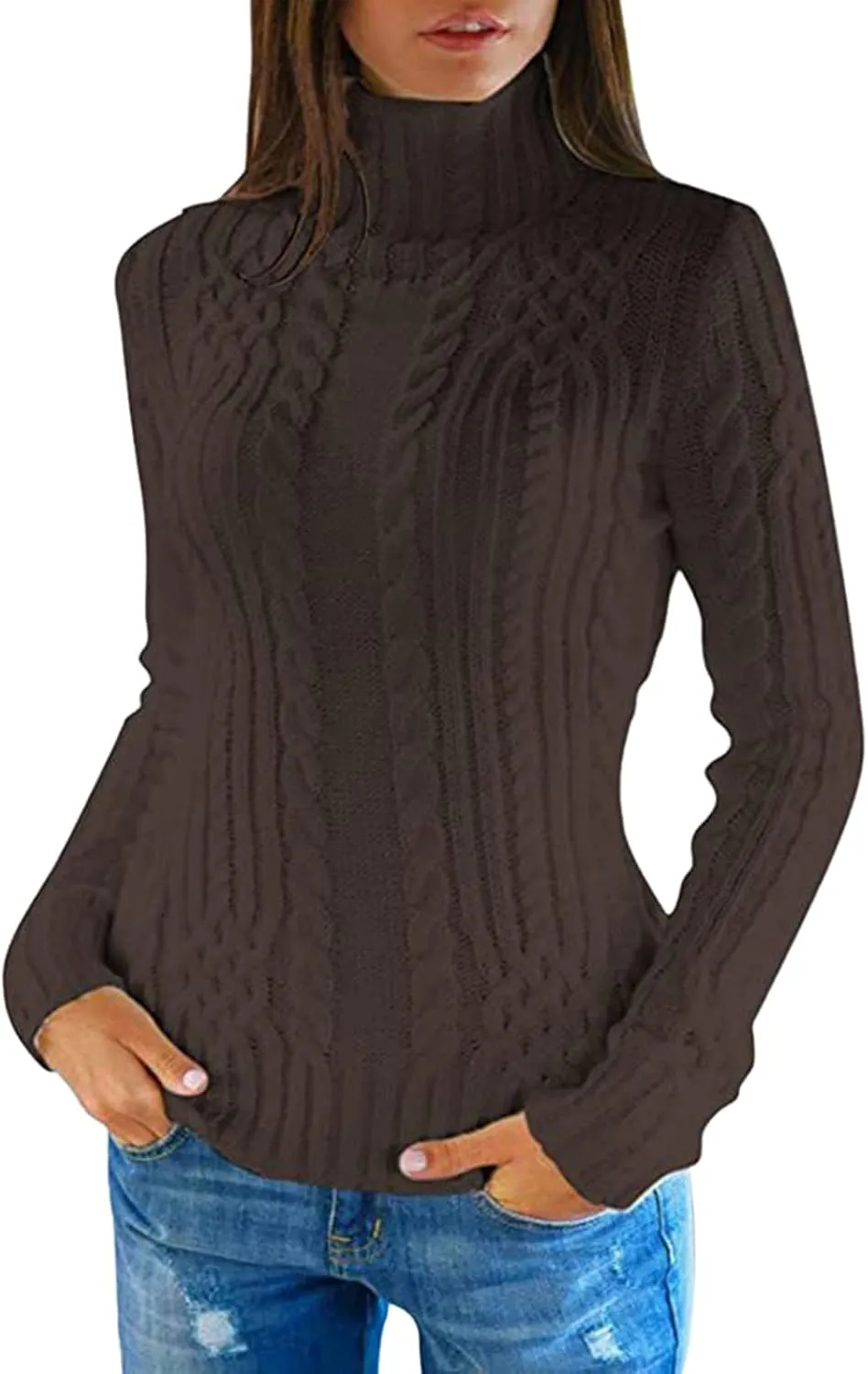 Women Cable Knit Pullover Sweater Turtle Neck Solid Sweater Long Sleeve Slim Fit Pullover Fall Winter Chunky Sweater