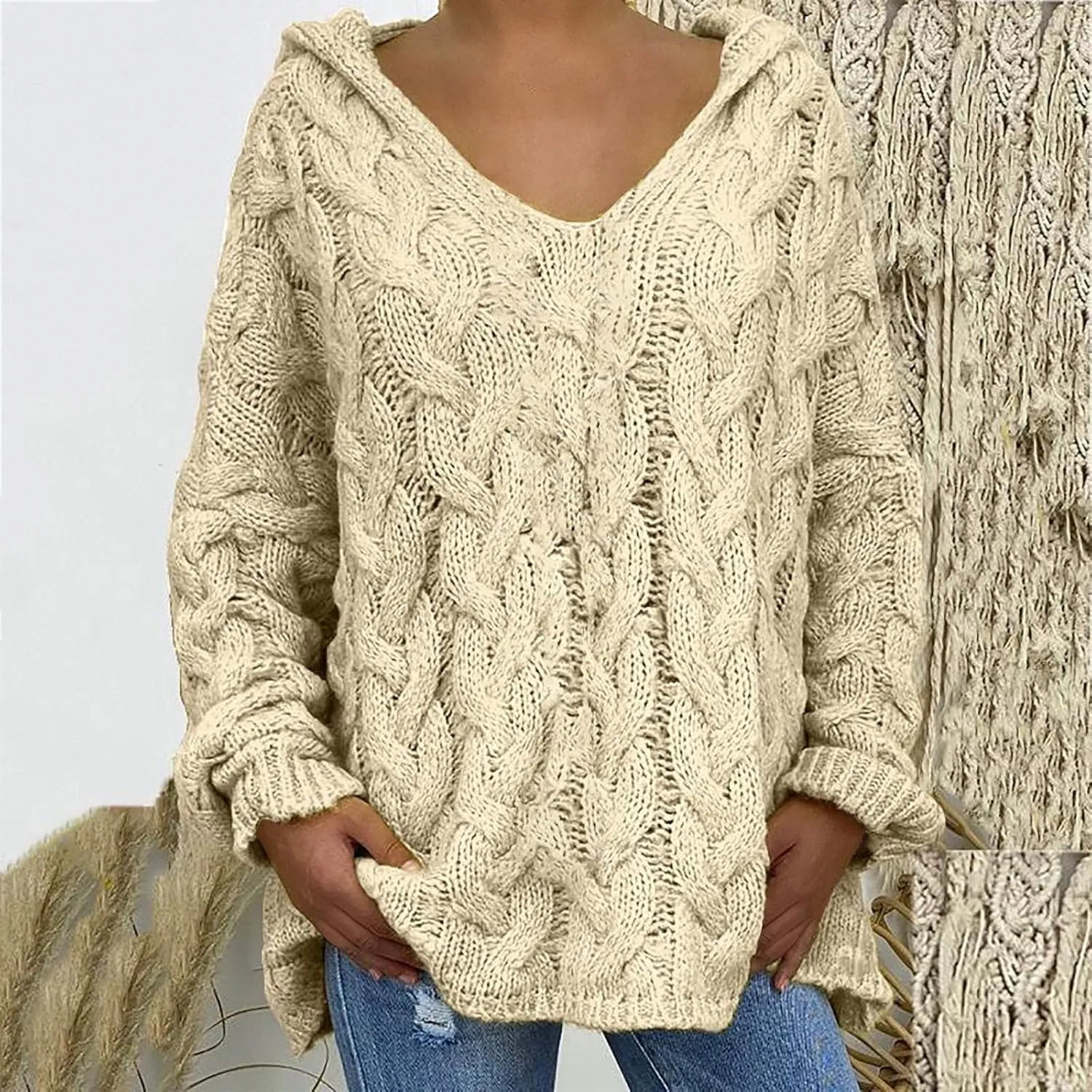 Women Cable Knit Sweater Long Sleeve Oversized Chunky Sweaters Casual Warm Comfortable Sweaters