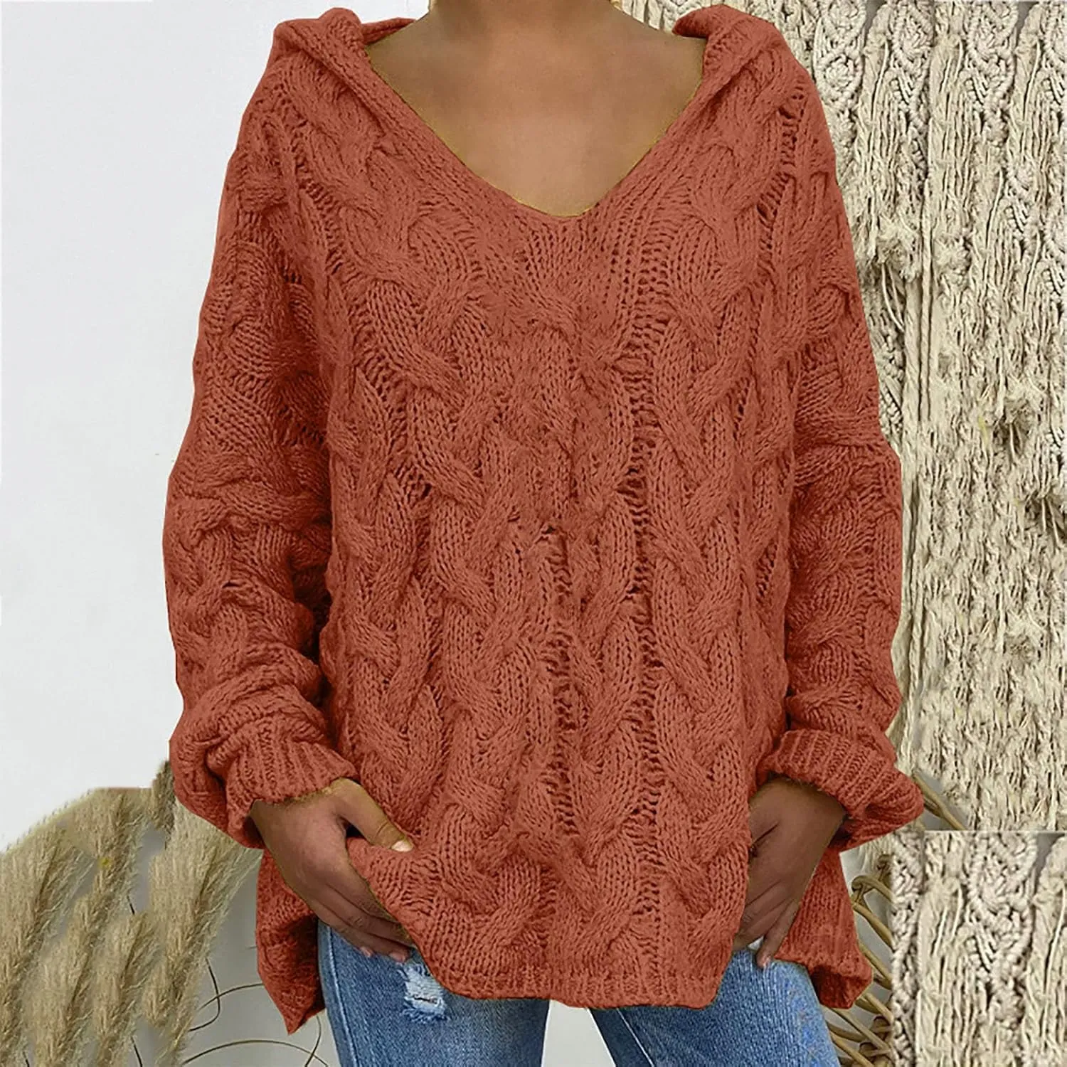 Women Cable Knit Sweater Long Sleeve Oversized Chunky Sweaters Casual Warm Comfortable Sweaters