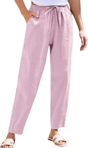 Women Casual Straight Leg Pants Elastic Drawstring Trousers with Pockets 2025 Summer Cotton Linen Beach Lounge Clothes