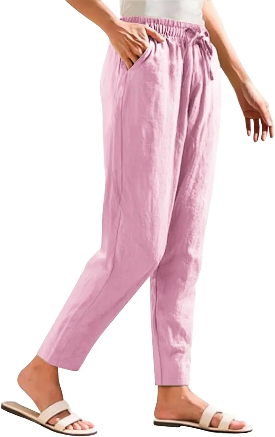 Women Casual Straight Leg Pants Elastic Drawstring Trousers with Pockets 2025 Summer Cotton Linen Beach Lounge Clothes