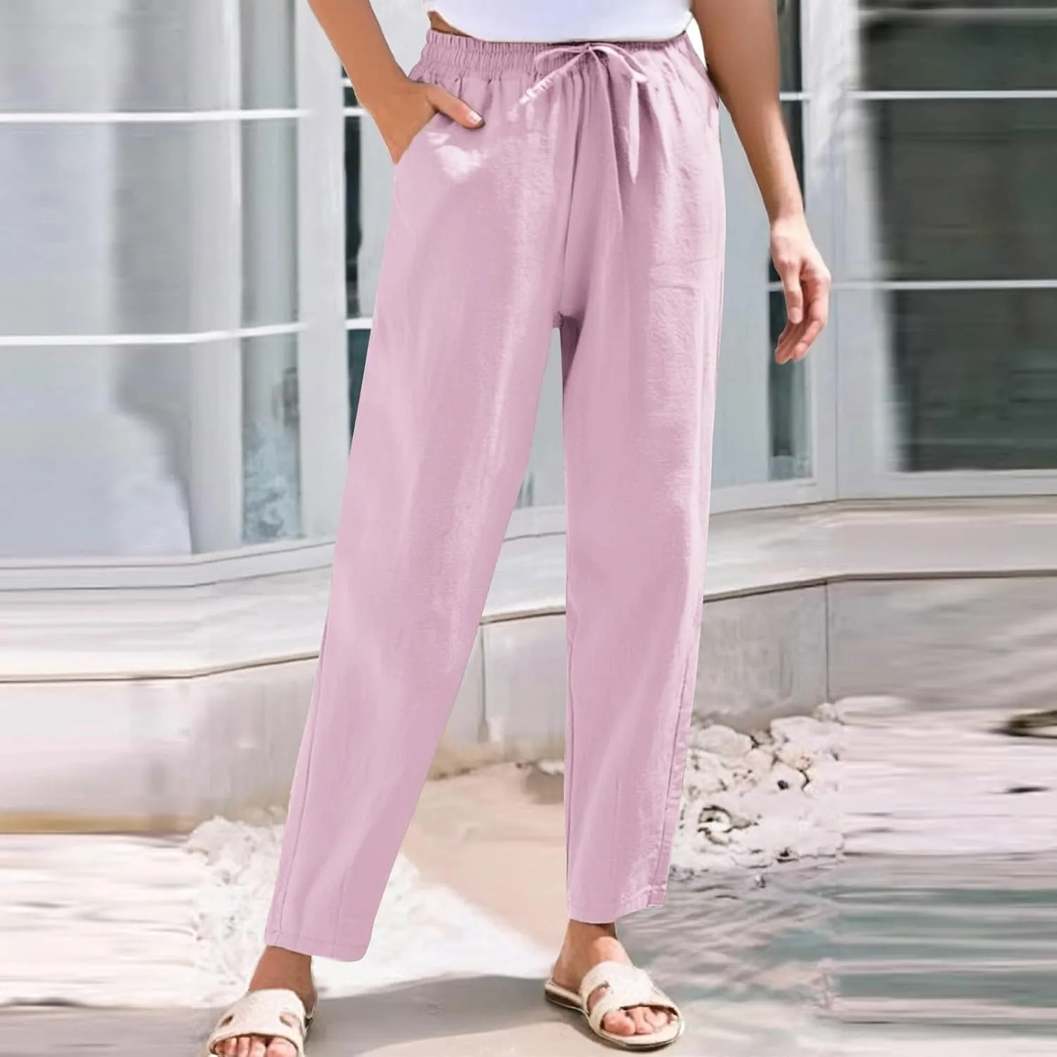 Women Casual Straight Leg Pants Elastic Drawstring Trousers with Pockets 2025 Summer Cotton Linen Beach Lounge Clothes