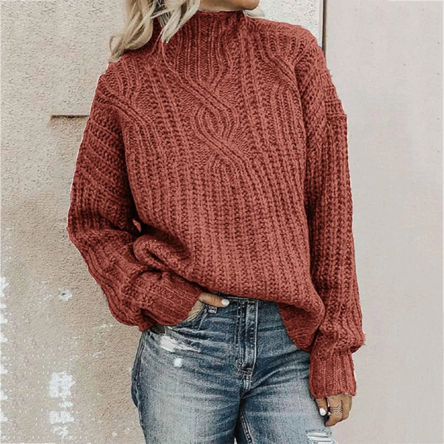 Women Casual Turtleneck Sweaters Oversized Vintage Cable Knit Long Sleeve Pullover 2024 Fall Trendy Outfits
