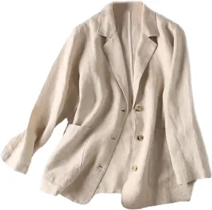Women Cotton Linen Tailored Long Sleeve Turn-Down Collar Suit Jacket