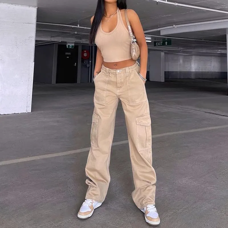 Women Gothic Cargo Jeans Wide Leg Punk Grunge Baggy Denim Pants Loose Trousers Harajuku 90s Streetwear