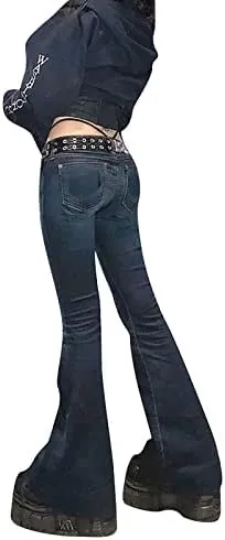 Women Gothic Cargo Jeans Wide Leg Punk Grunge Baggy Denim Pants Loose Trousers Harajuku 90s Streetwear