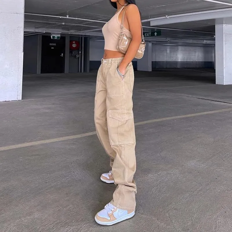 Women Gothic Cargo Jeans Wide Leg Punk Grunge Baggy Denim Pants Loose Trousers Harajuku 90s Streetwear