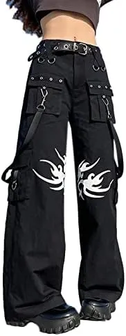 Women Gothic Cargo Jeans Wide Leg Punk Grunge Baggy Denim Pants Loose Trousers Harajuku 90s Streetwear