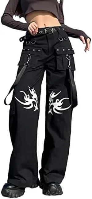 Women Gothic Cargo Jeans Wide Leg Punk Grunge Baggy Denim Pants Loose Trousers Harajuku 90s Streetwear